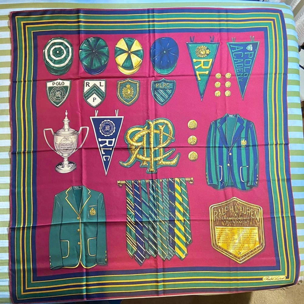 Rare Vintage Ralph Lauren Collegiate Crests Silk Scarf
